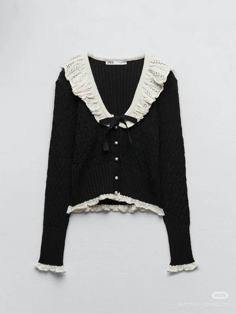 Black Knit Cardigan with White Ruffled Collar